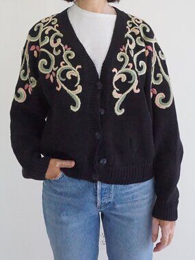 Vintage Hunters Run Black Scroll Floral Embroidered Button Cotton Cardigan M
